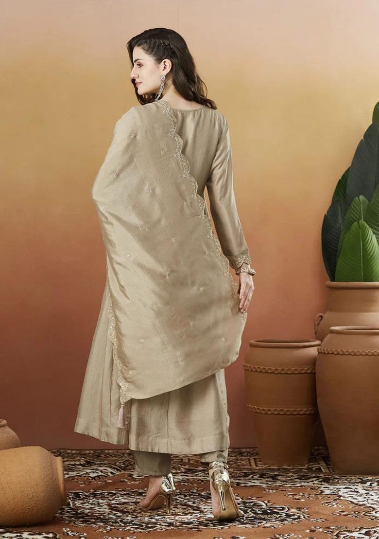 Beige Embroidered Silk Kurta Set - Indya