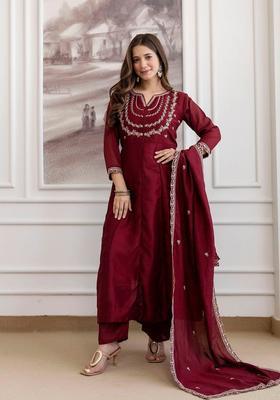 Maroon Embroidered Silk Kurta Set