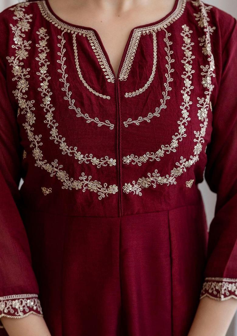 Maroon Embroidered Silk Kurta Set - Indya