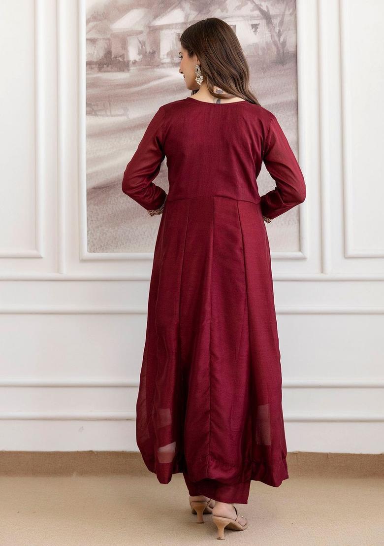 Maroon Embroidered Silk Kurta Set - Indya