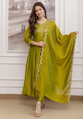 Lime Green Embroidered Silk Kurta Set