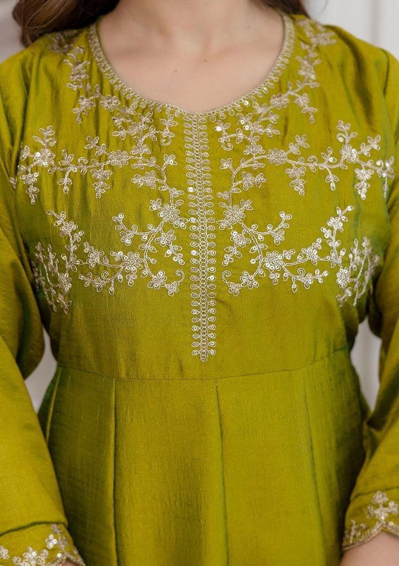 Lime Green Embroidered Silk Kurta Set - Indya
