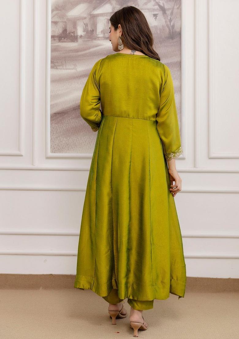 Lime Green Embroidered Silk Kurta Set - Indya