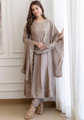 Taupe Embroidered Silk Kurta Set