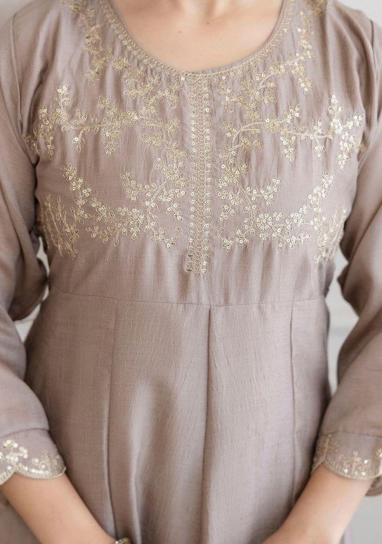 Taupe Embroidered Silk Kurta Set - Indya