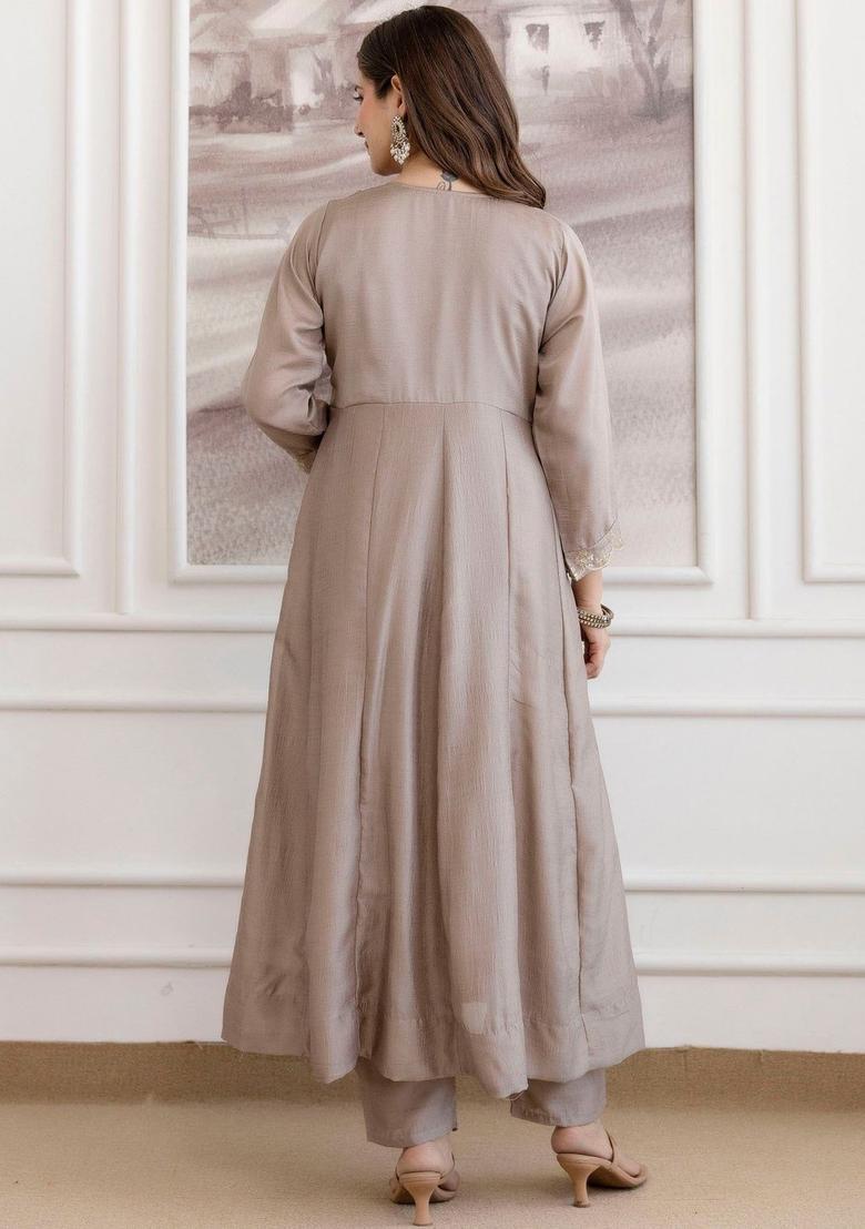 Taupe Embroidered Silk Kurta Set - Indya