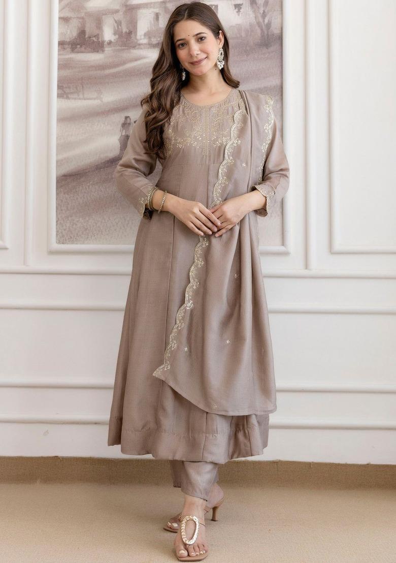 Taupe Embroidered Silk Kurta Set - Indya
