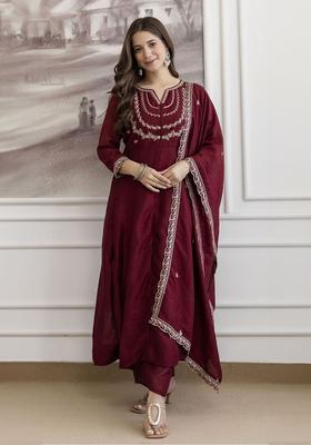 Maroon Embroidered Silk Kurta Set