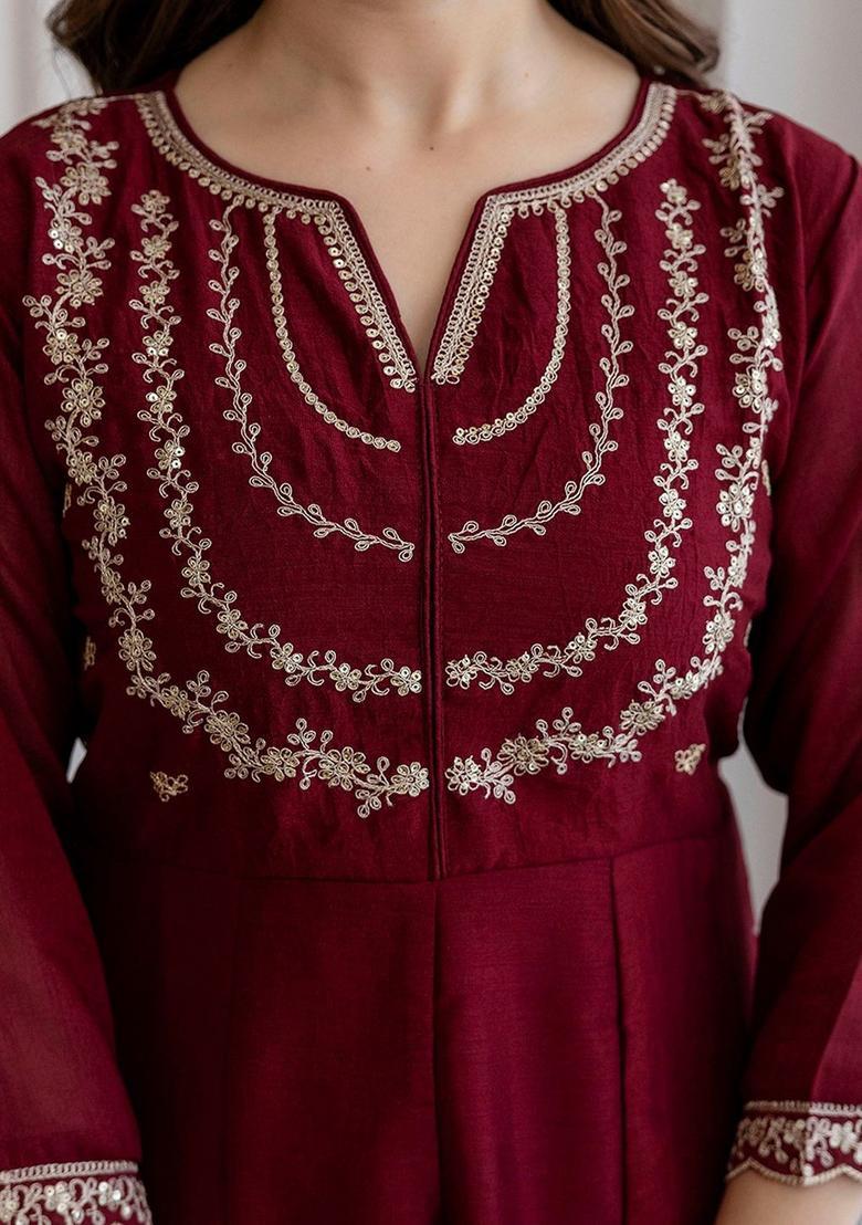 Maroon Embroidered Silk Kurta Set - Indya