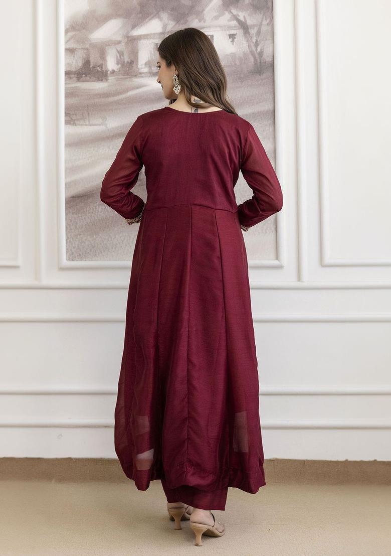 Maroon Embroidered Silk Kurta Set - Indya