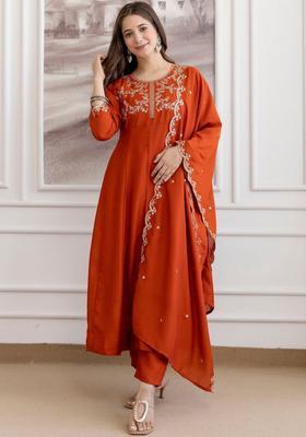 Rust Embroidered Silk Kurta Set