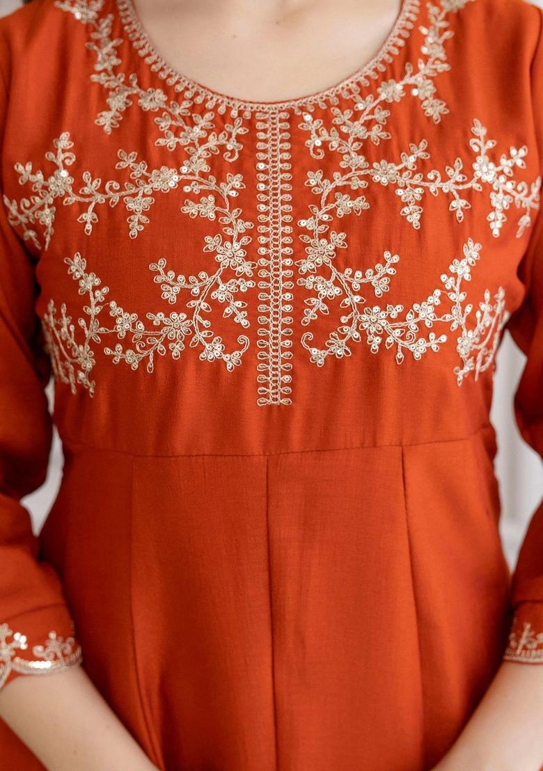 Rust Embroidered Silk Kurta Set - Indya