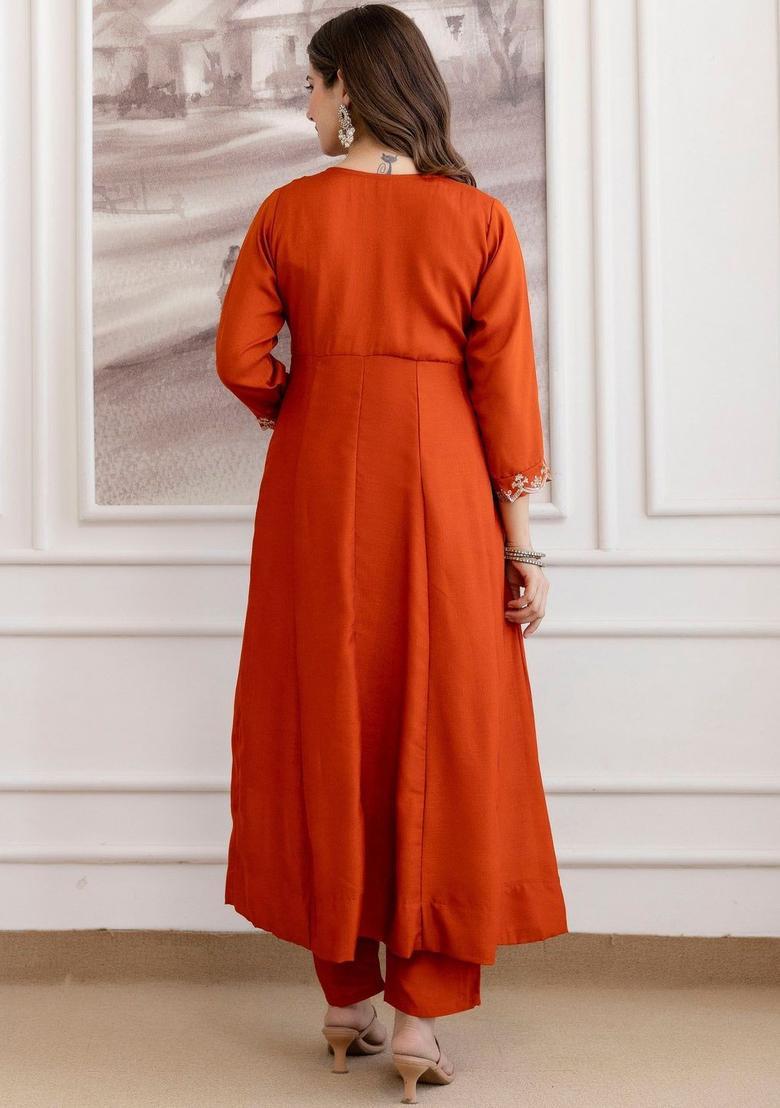 Rust Embroidered Silk Kurta Set - Indya