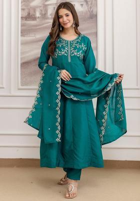 Teal Embroidered Silk Kurta Set