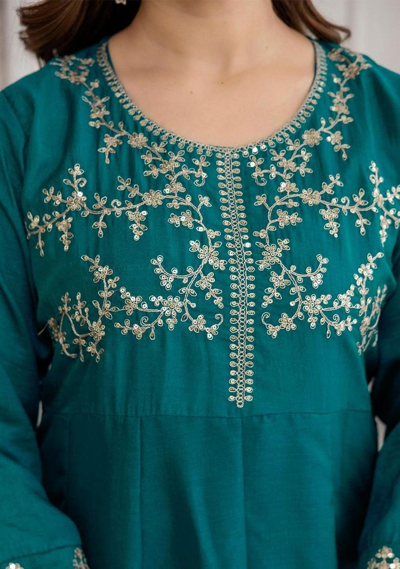 Teal Embroidered Silk Kurta Set - Indya
