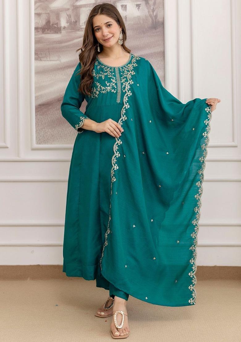 Teal Embroidered Silk Kurta Set - Indya