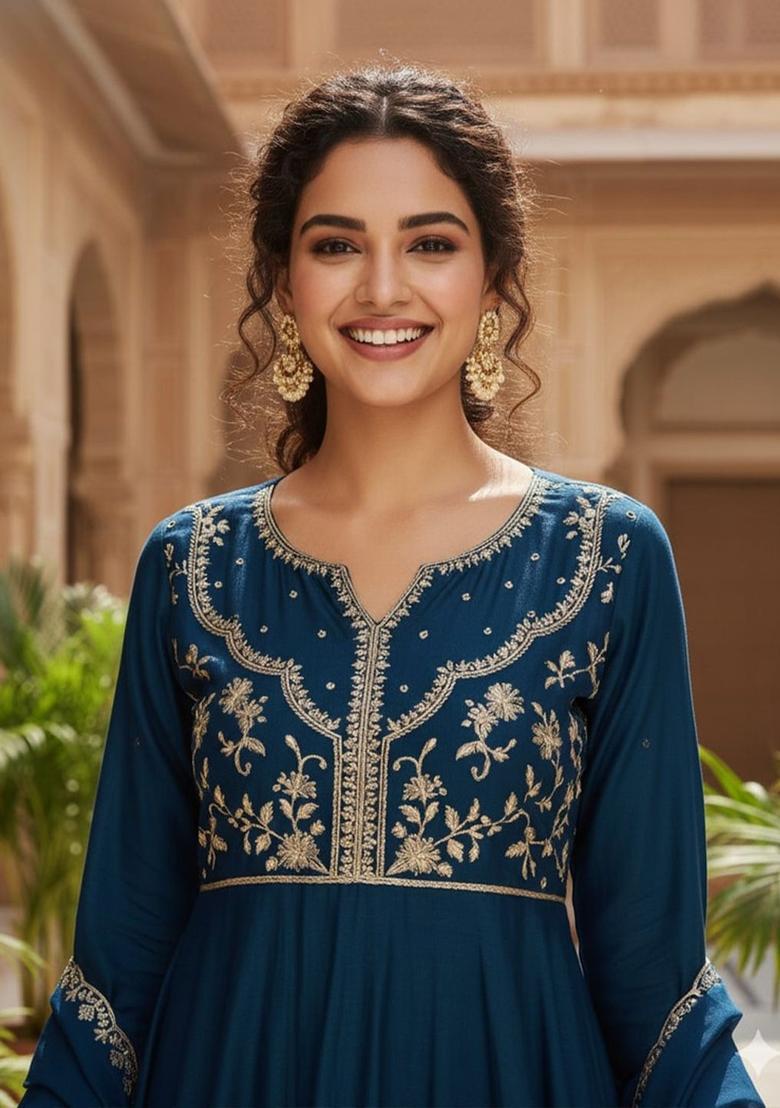 Blue Embroidered Silk Kurta Set - Indya