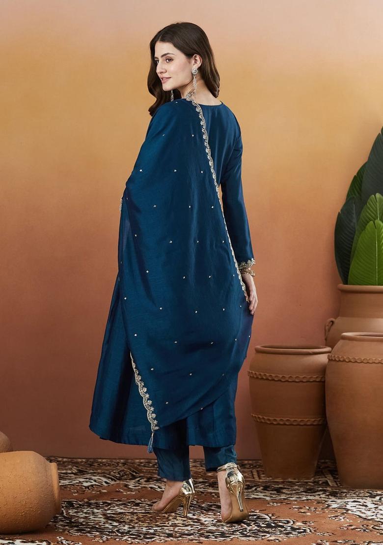 Blue Embroidered Silk Kurta Set - Indya