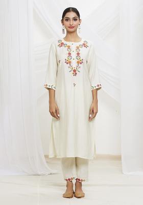 Off White Embroidered Viscose Kurta Set