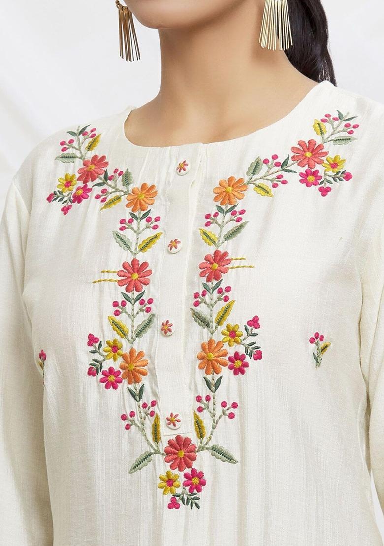 Off White Embroidered Viscose Kurta Set - Indya