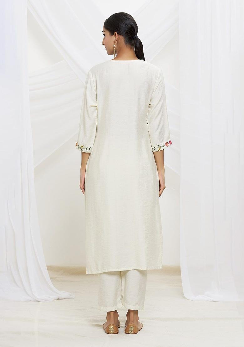 Off White Embroidered Viscose Kurta Set - Indya