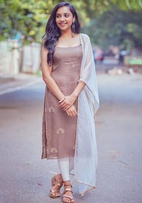 Brown Embroidered Viscose Kurta Set