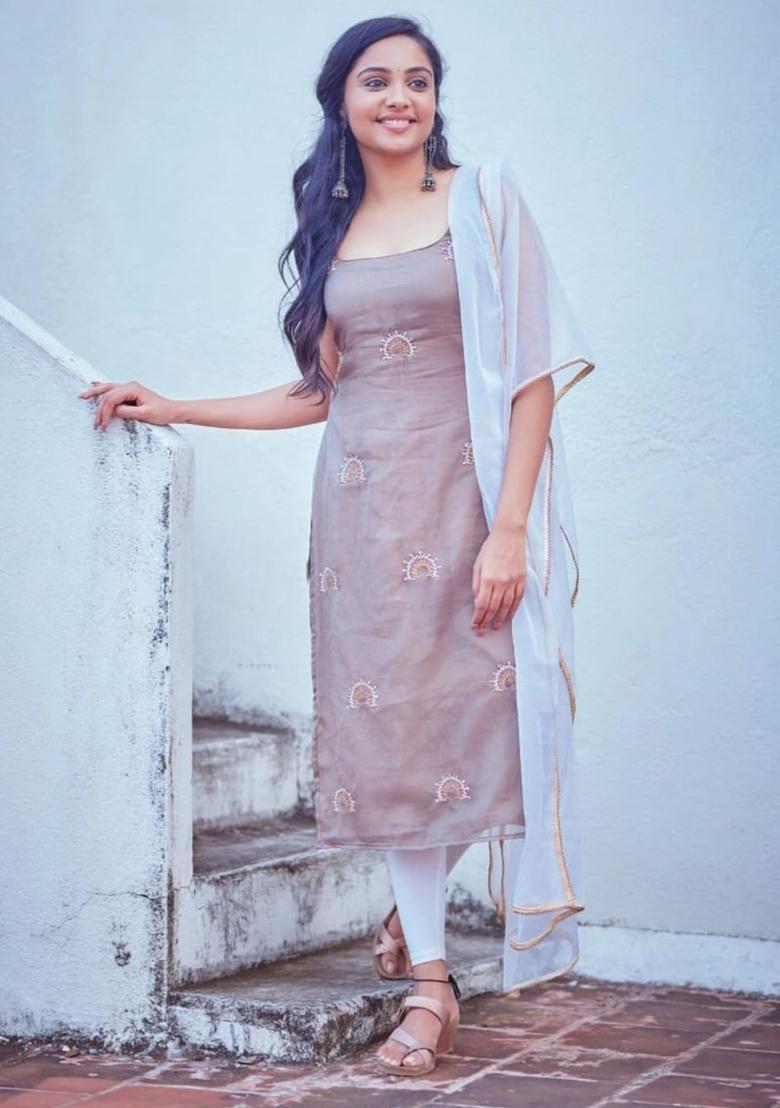 Brown Embroidered Viscose Kurta Set - Indya