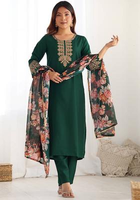 Green Embroidered Viscose Kurta Set