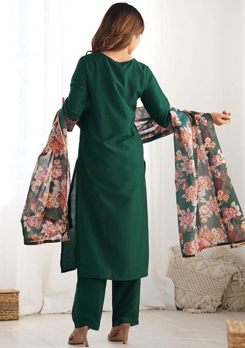 Green Embroidered Viscose Kurta Set - Indya