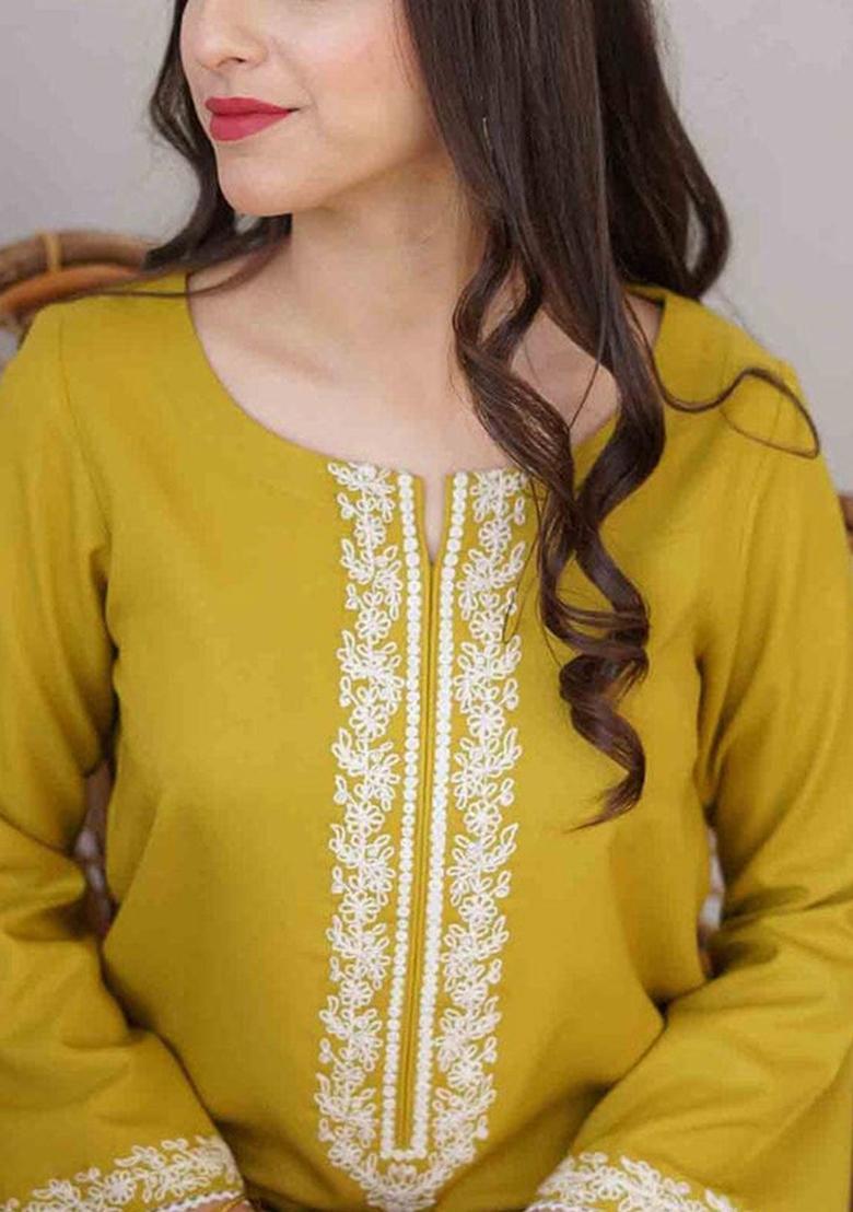 Lime Green Embroidered Viscose Kurta Set - Indya