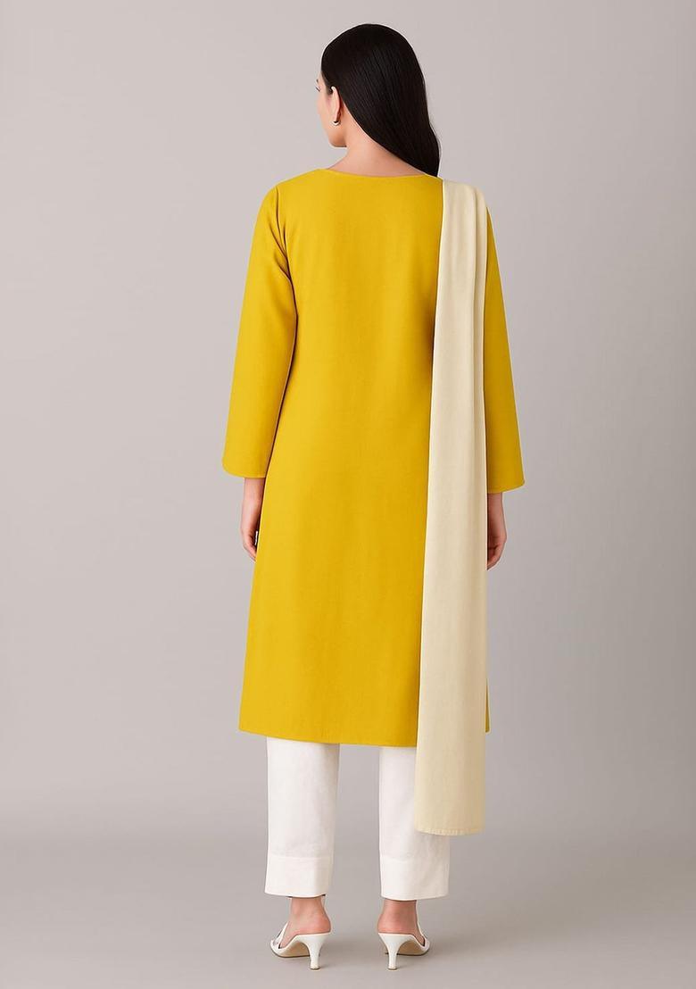 Lime Green Embroidered Viscose Kurta Set - Indya
