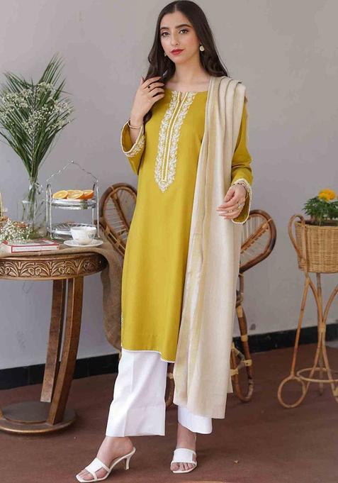 Lime Green Embroidered Viscose Kurta Set — view on Indya
