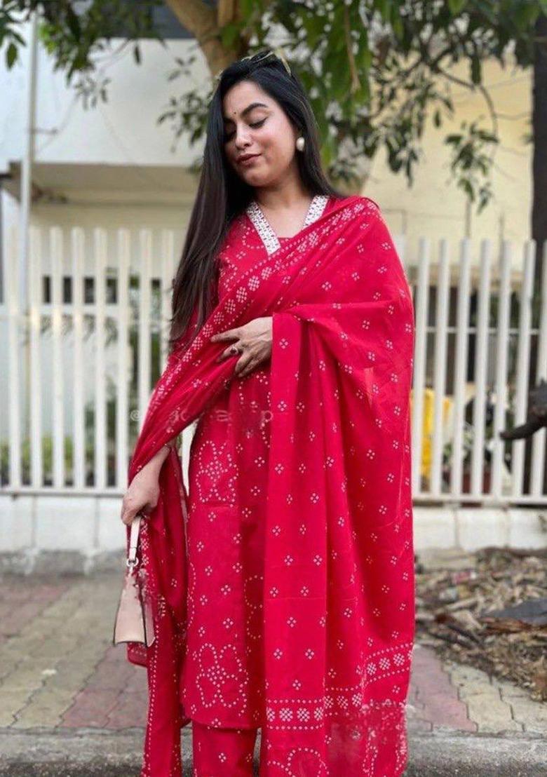 Red Printed Viscose Kurta Set - Indya