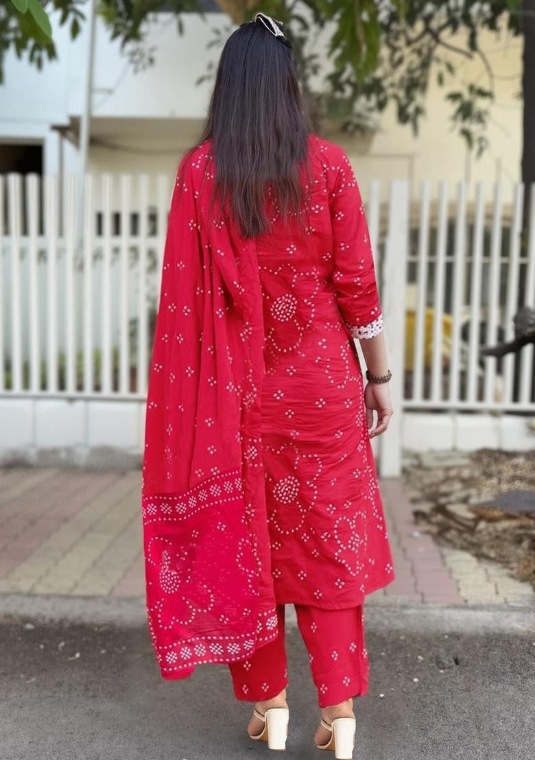 Red Printed Viscose Kurta Set - Indya