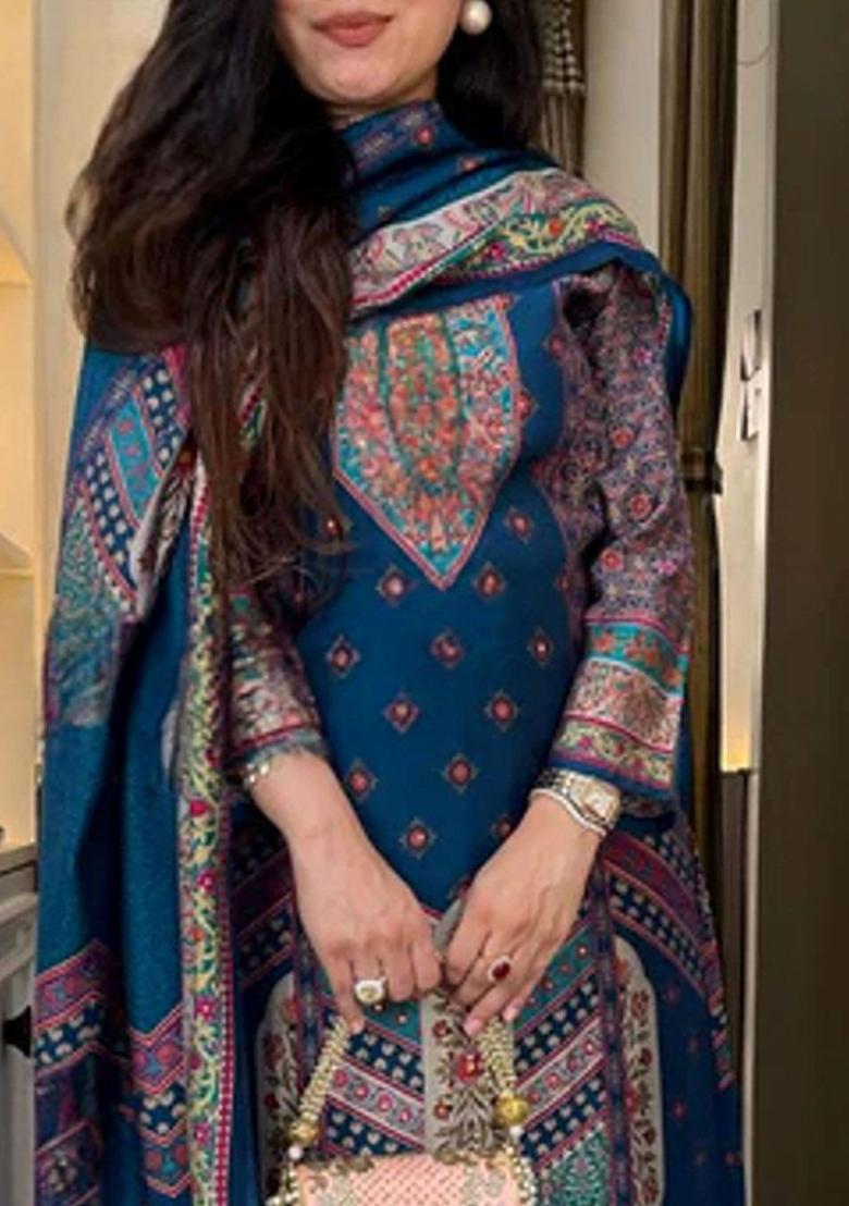 Teal Printed Viscose Kurta Set - Indya