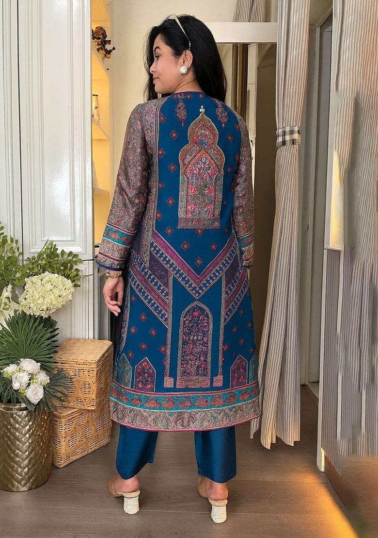 Teal Printed Viscose Kurta Set - Indya