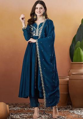 Blue Embroidered Silk Kurta Set