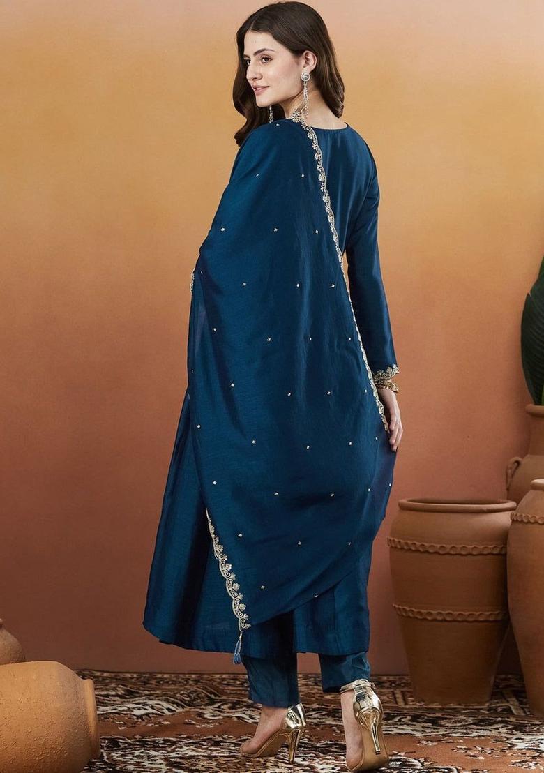 Blue Embroidered Silk Kurta Set - Indya