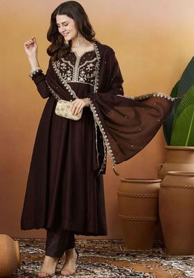 Brown Embroidered Silk Kurta Set