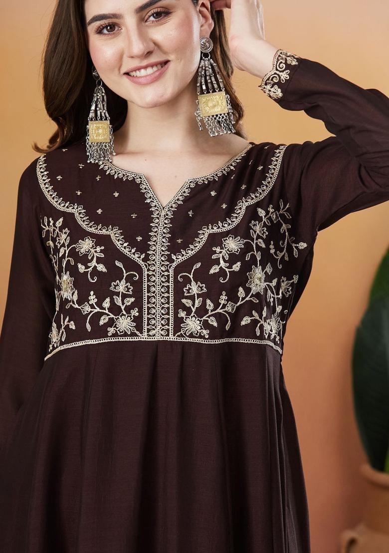 Brown Embroidered Silk Kurta Set - Indya