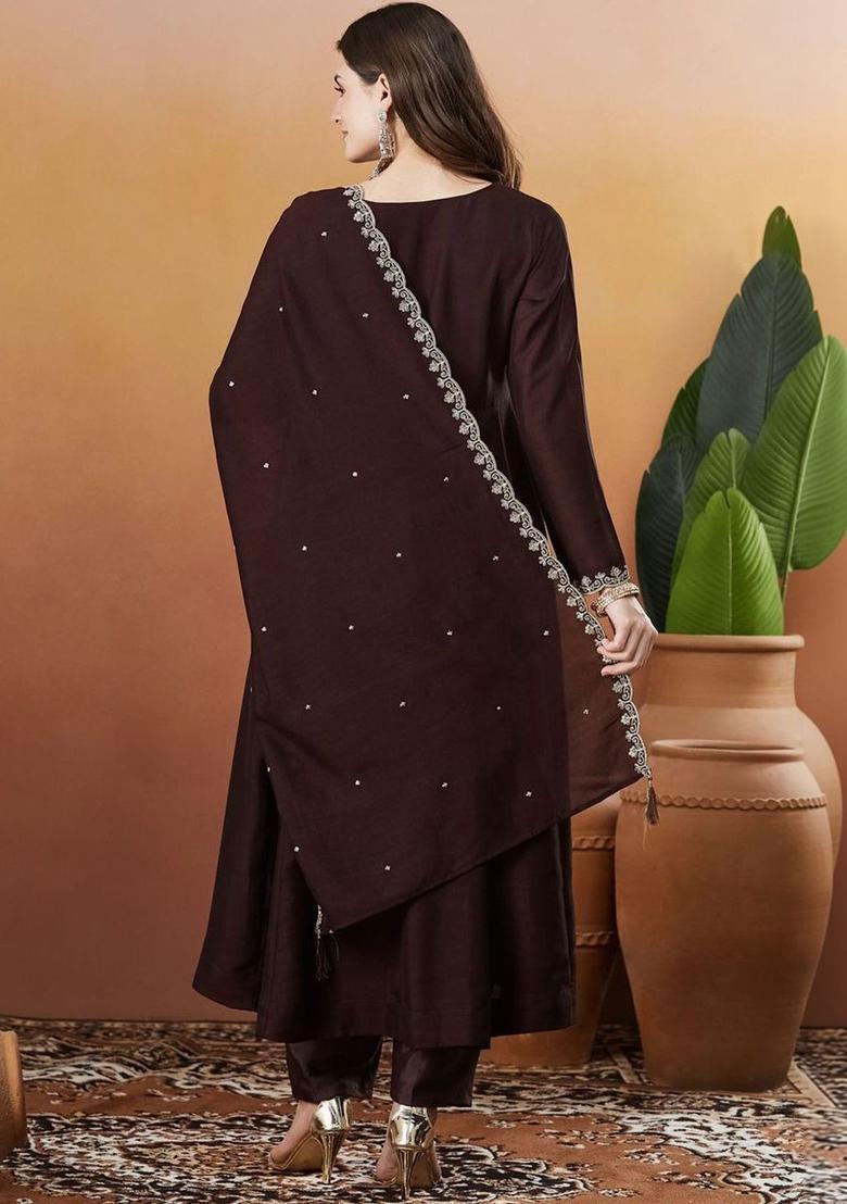 Brown Embroidered Silk Kurta Set - Indya