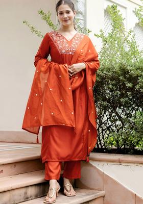 Rust Embroidered Viscose Kurta Set