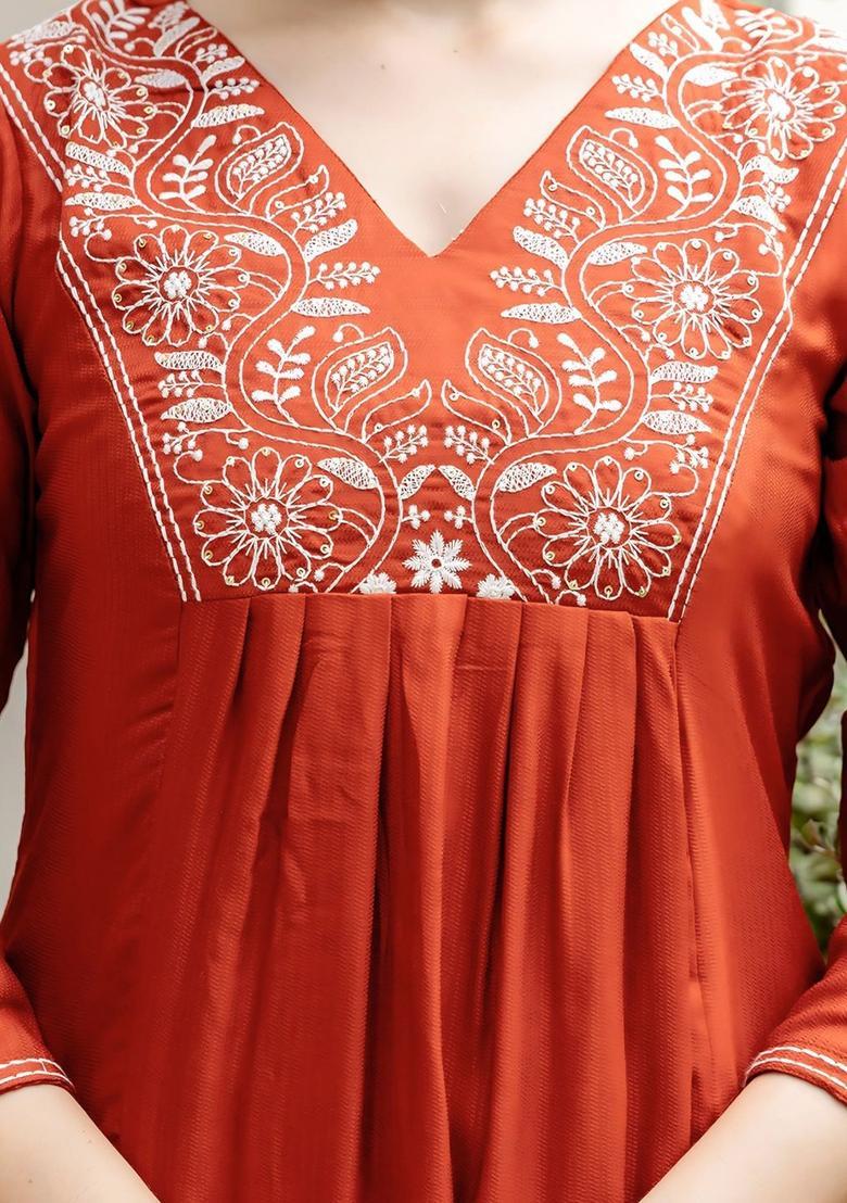 Rust Embroidered Viscose Kurta Set - Indya