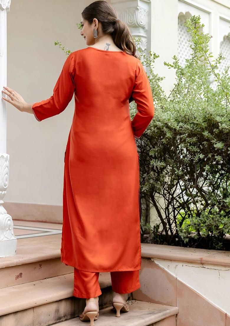 Rust Embroidered Viscose Kurta Set - Indya