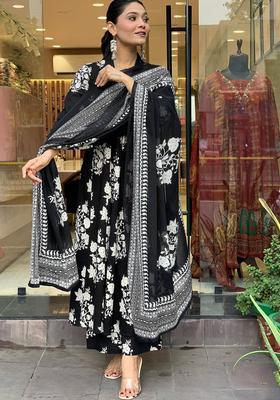 Black Printed Cotton Kurta Set