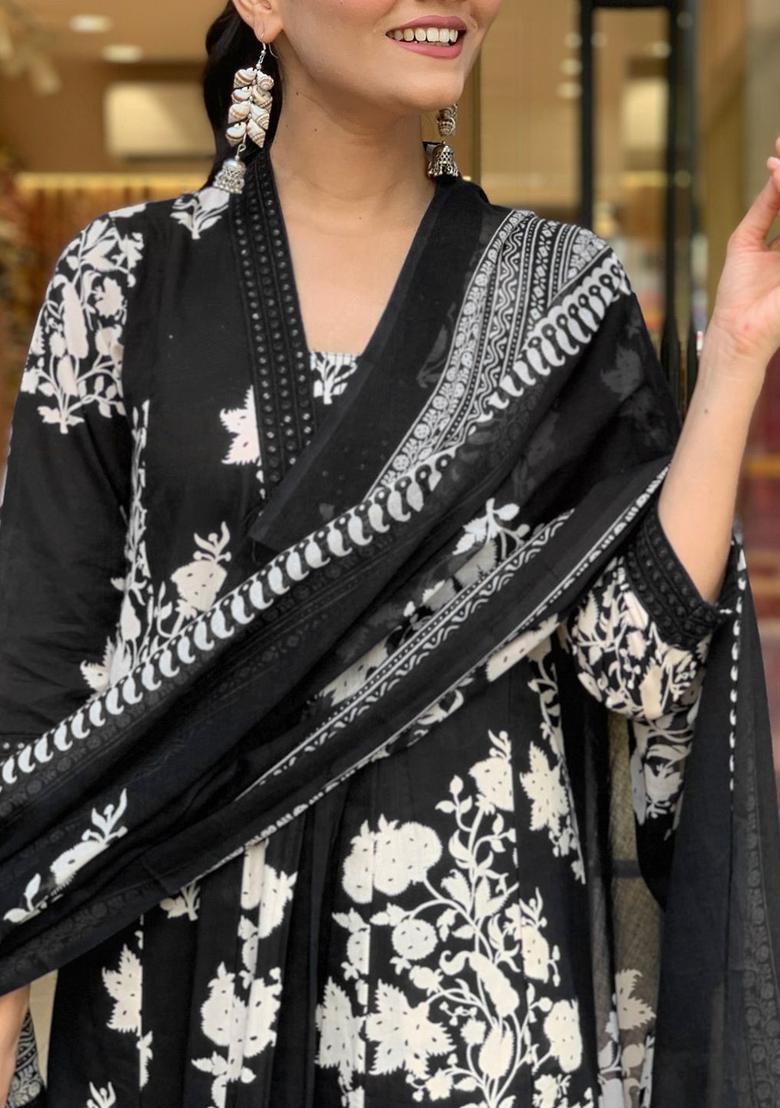 Black Printed Cotton Kurta Set - Indya