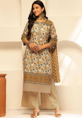 Off White Printed Cotton Kurta Set