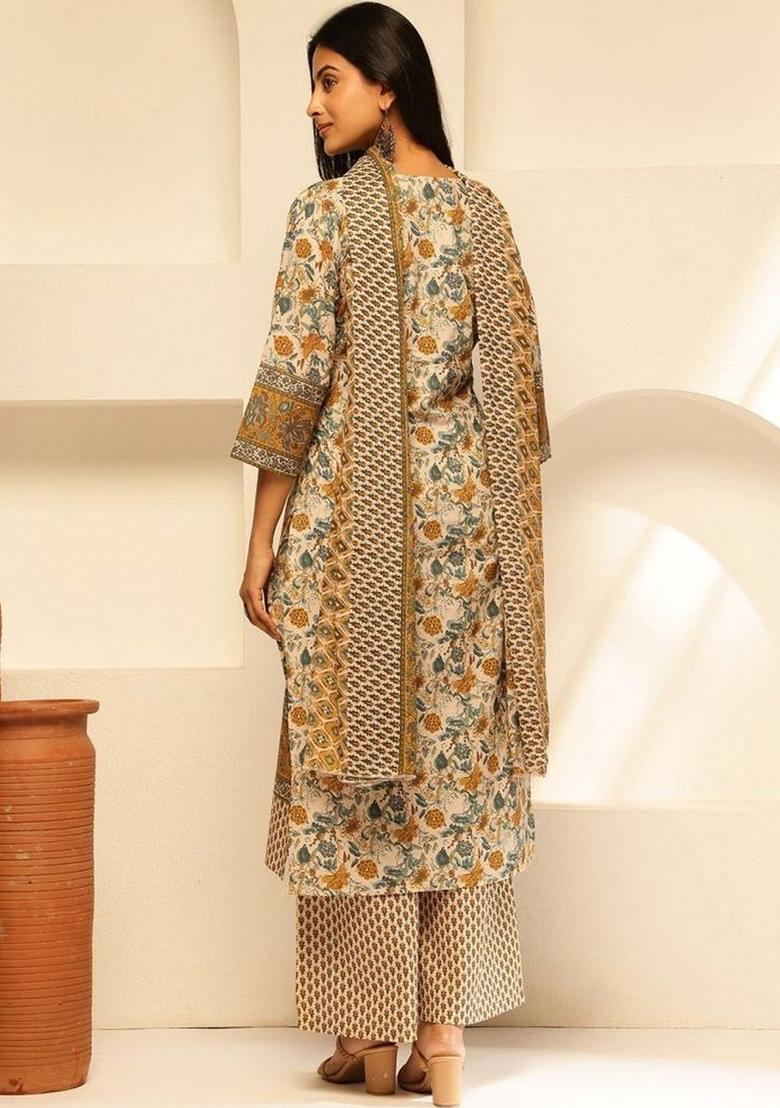Off White Printed Cotton Kurta Set - Indya