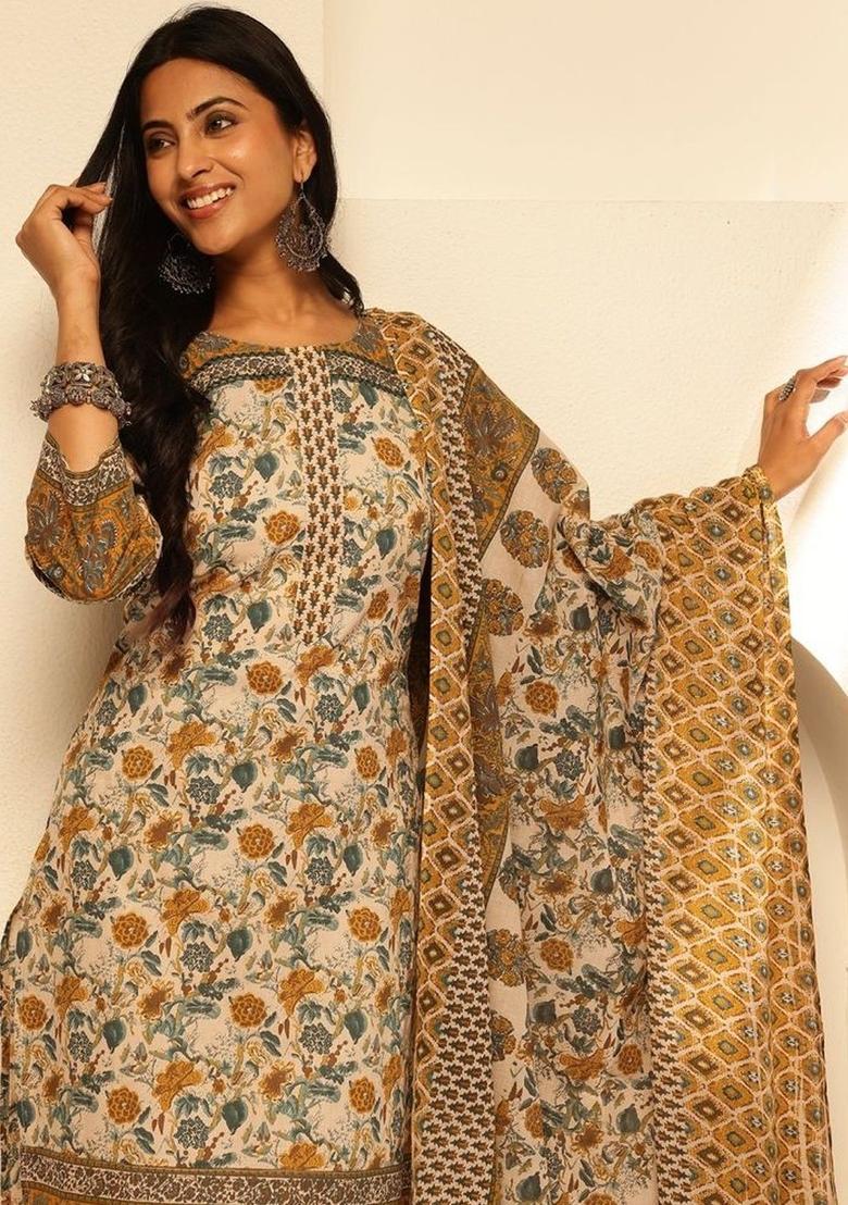 Off White Printed Cotton Kurta Set - Indya