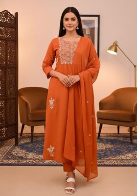 Orange Embroidered Viscose Kurta Set